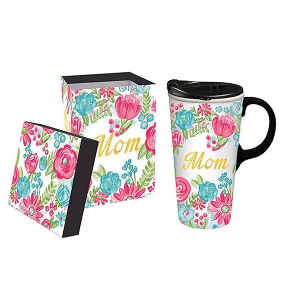 BNIB Evergreen Mom Floral Metallic Ceramic Travel Cup with Lid Mothers Day Gift - Picture 4 of 7